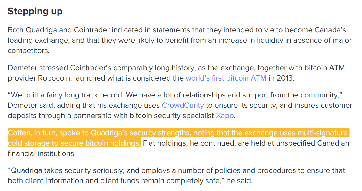 “加拿大门头沟”案出现剧情反转 调查显示Quadrigacx使用过多重签名技术