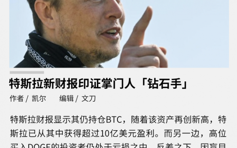 新财报印证掌门人“钻石手”，特斯拉仍未脱手比特币